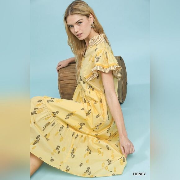 Umgee Floral Ruffle Sleeve Tiered Midi Yellow Bohemian Spring Dress Sz Small - Picture 5 of 7